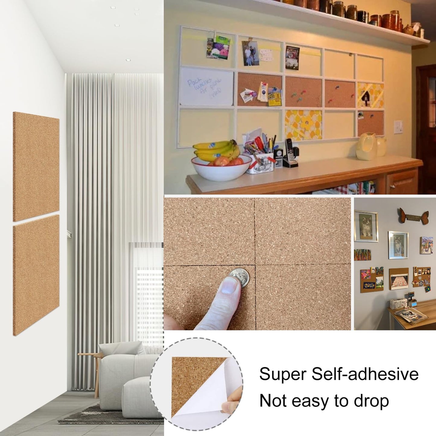 NACHLYNN Cork Board 12 Pack 12 x 12 Self-Adhesive Corkboards for Wall Square Bulletin Board with 100 Push Pins Frameless Cork Tiles for Walls Home Office