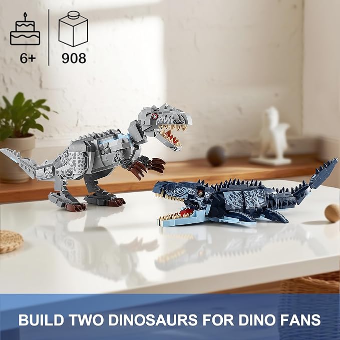 Dual Dinosaur Building Sets - Indominus Rex &amp Mosasaurus Dinosaur Toys with Poseable Joints STEM Educational Toys for Kids Ages 6-12 Creative Birthday Gifts for Boys and Girls