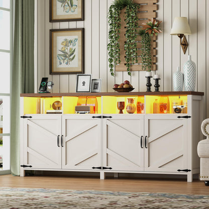 knoworld 63'' Buffet Sideboard with Storage with Power Outlets & LED Light 4 Doors, Large Farmhouse Kitchen Storage Cabinet Wood Coffee Bar Cabinet Buffet Table for Kitchen, Dining Room, Entryway