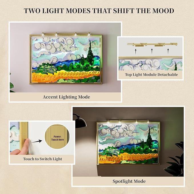 Wheat Field with Cypresses Building Blocks Set with Lights - 3D Wall Art Home &amp Office Decor - Gift for Adults &amp Visual Art Lovers