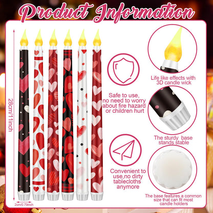 Aurelema 6 Pcs Valentines Day LED Flameless Candle Set Valentine Day Flameless Taper Candles with Heart Battery Operated Seasonal Celebration with Remote for Wedding Romantic Night
