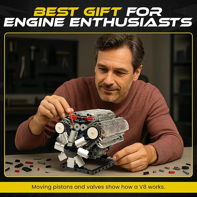 V8 Engine Model Kit for Teens &amp Adults - Build Your Own Mini V8 Engine Kit with Visible Combustion Engine That Works Functional DIY Engineering STEM Kit w/ 535 Pieces for Ages 14+