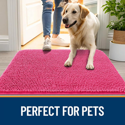 OLANLY Dog Door Mat - Absorbent Non-Slip Mud Mat for Dogs | Quick Dry Chenille, 50x30, Hot Pink