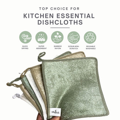 Whiffkitch Dishcloths Dishrags for Kitchen and Household Cleaning 6x7 6-Pack Non-Scratch 2-Ply Weave, Rayon Derived from Bamboo, Absorbent, Washable, Long-Lasting