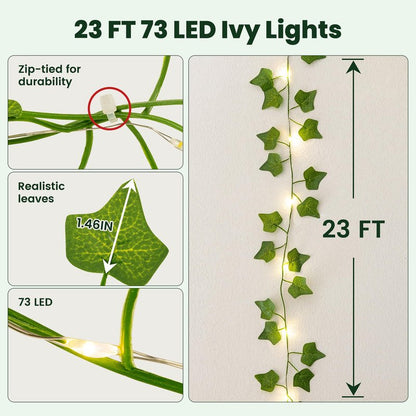 HEYFUNi Fake Ivy Vines with Lights, 23 Ft 73 Led Artificial Greenery Garland with Fairy Lights USB/Battery Operated, Leaf String Lights for Bedroom Aesthetic, Wall, Balcony, Wedding Decor, Warm White