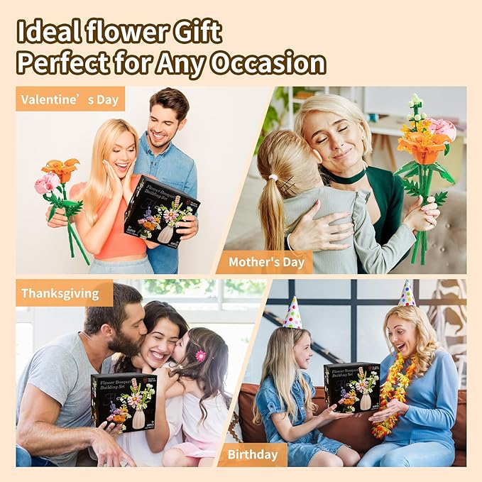 Flower Bouquet Building Blocks Set - Artificial Flowers with Roses for Home Decor Unique Gift for Her or Him for Mother's Day Birthday Gift DIY Mini Micro Bricks Kits with Vase