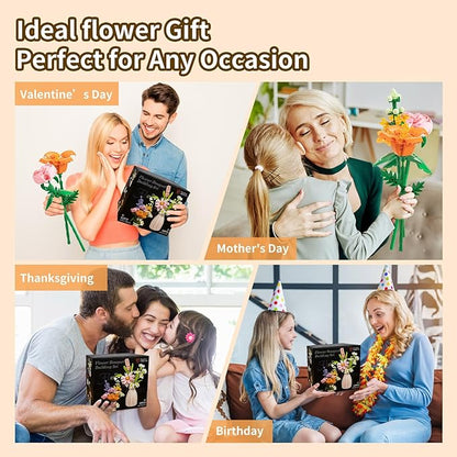 Flower Bouquet Building Blocks Set - Artificial Flowers with Roses for Home Decor Unique Gift for Her or Him for Mother's Day Birthday Gift DIY Mini Micro Bricks Kits with Vase