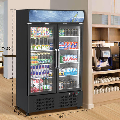 GAOMON Commercial Refrigerator, Commercial Beverage Display Cabinet with LED Top Panel, 32-50°F Adjustable, 25.3 Cu Ft Double Glass Door Merchandiser Fridge for Restaurant, Convenience Store, Black