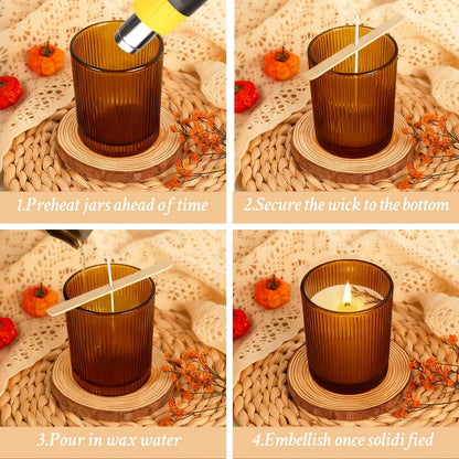 CONNOO 16pcs Ribbed Candle Glass Jars with Natural Bamboo Lids, 7oz Thick Containers for Candle Making with Wicks & Stickers, Ribbed Amber Jars for DIY Projects, Bulk Orders, Gifts & Home Décor