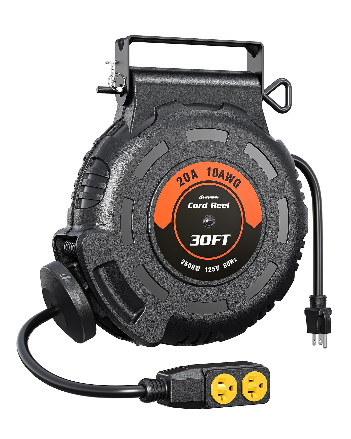 DEWENWILS 20Amp Retractable Extension Cord Reel, 30FT 2500W Heavy Duty Power Cord Reel, 10AWG/3C SJTW Industrial Cable, 4 Grounded Outlets, 180° Swivel Bracket for Garage Workshop Construction Site