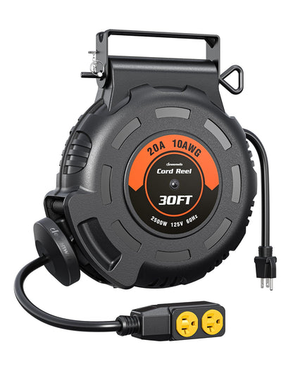 DEWENWILS 20Amp Retractable Extension Cord Reel, 30FT 2500W Heavy Duty Power Cord Reel, 10AWG/3C SJTW Industrial Cable, 4 Grounded Outlets, 180° Swivel Bracket for Garage Workshop Construction Site