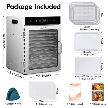 Food Dehydrator Machine 12 Stainless Steel Trays 1000W Meat Dehydrator for Home Use, 24H Timer & 195℉ Temperature Control Food Dryer for Jerky Fruit Herbs Mushroom Dog Treats