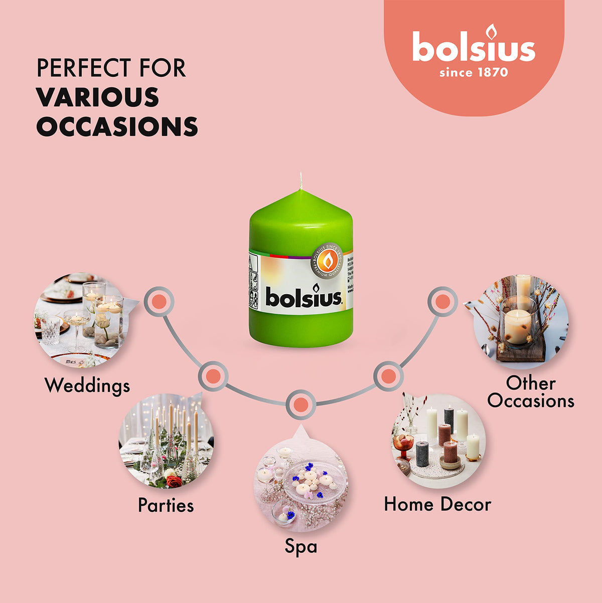 BOLSIUS 10 Lime Green Pillar Candles - 2.25 x 3.25 Inches - Premium European Quality - Individually Wrapped - 17 Burn Hours - Dripless Smokeless Unscented Dinner, Wedding, Party, & Home Decor Candles