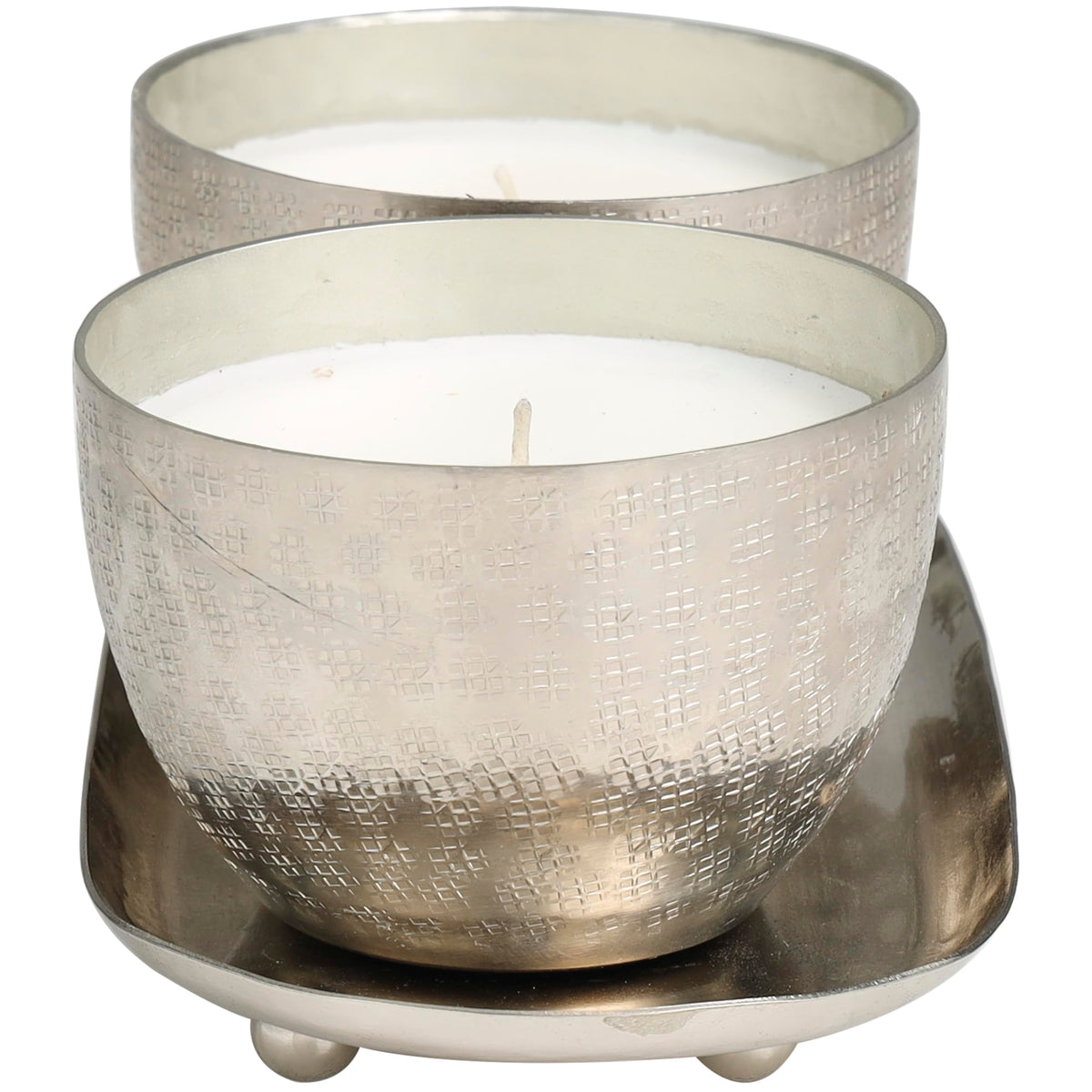 Deco 79 Metal Decorative Candle Campfire Scented Grid Patterned 10 oz 1 Wick Aromatherapy Candle with White Wax, Set of 2 Wax Aromatherapy Candle 10" W, 4" H, Silver