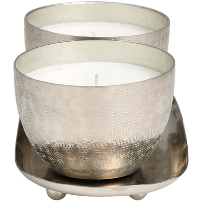 Deco 79 Metal Decorative Candle Campfire Scented Grid Patterned 10 oz 1 Wick Aromatherapy Candle with White Wax, Set of 2 Wax Aromatherapy Candle 10" W, 4" H, Silver