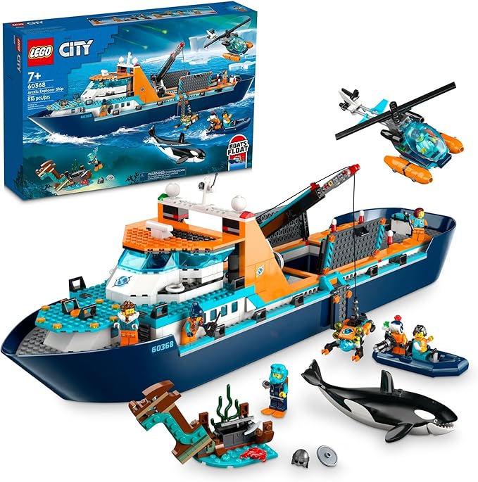 LEGO City Arctic Explorer Ship 60368 Building Toy Set Fun Toy Gift for 7 Year Old Boys and Girls with a Floatable Boat Helicopter Dinghy ROV Sub Viking Shipwreck 7 Minifigures and an Orca