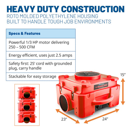 BlueDri Air Shield 550 HEPA Air Scrubber, Water Damage Restoration Equipment Air Purifier, Covers 1400 Sq. Ft, Daisy Chain Capable, For Commercial Use, Red, BD-AS-550