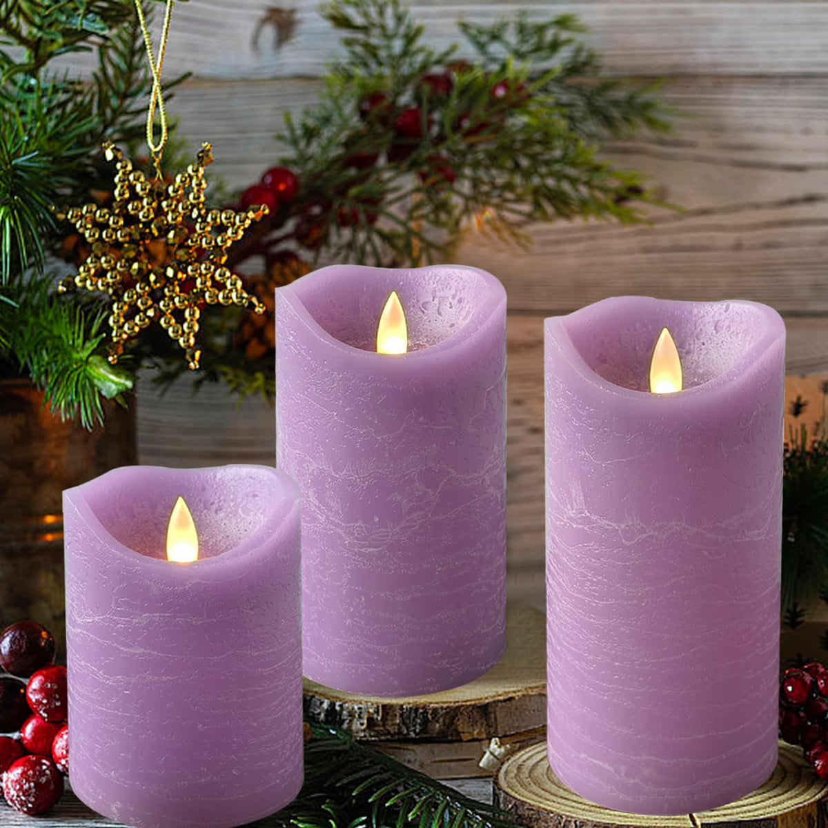 EZiKitchen Real Wax Flameless Candles Set of 3 (D 3" x H 4" 5" 6") Battery Operated LED Candle with Timer Home Decorative Pillar Flickering Lights,Wedding Party Events Decor,Purple