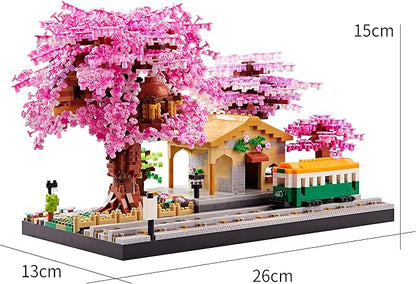 Japanese Cherry Blossom Tree Flower House Micro Building Blocks Set for Adults Bus Station Mini Bricks Model Treehouse Decorative Architectural