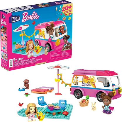 MEGA Construx Barbie Kids Building Toy Set Adventure DreamCamper with 123 Pieces 2 Micro-Dolls Furniture and Accessories Pink Ages 5+ Years