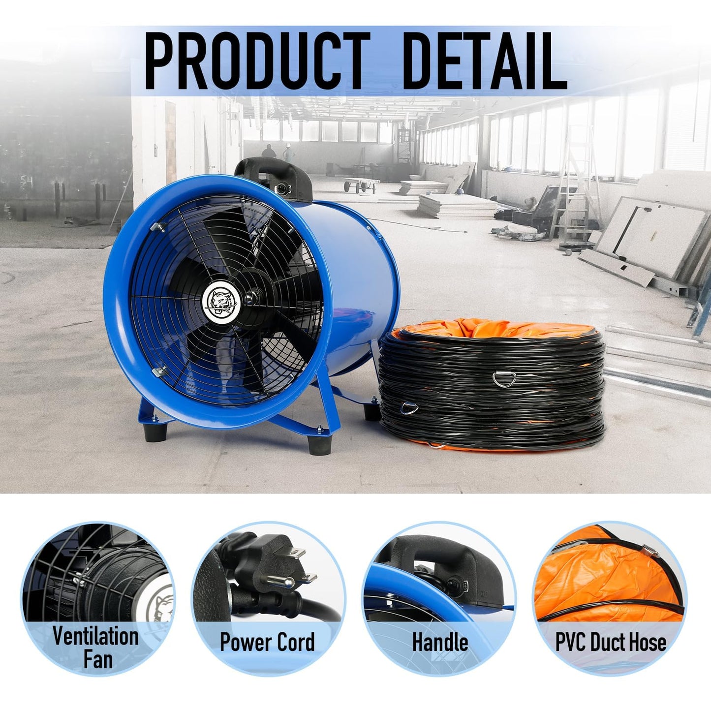 Sewinfla 12-inch 520W Utility Blower, High Velocity Low Noise Portable Exhaust Fan 3350 r/min with 16.5ft PVC Flexible Duct Hose, Heavy Duty Cylinder Ventilator for Home & Workplace Fume Ventilation