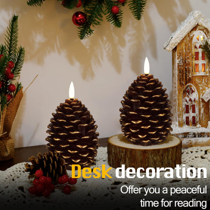 Christmas Flameless Pine Cone Candles with Remote Timer, Battery Operated Flickering Candles, LED Real Wax Pinecone for Christmas Home Decoration, Set of 2, Brown with Gold Glitter (5.5" X 4.1")