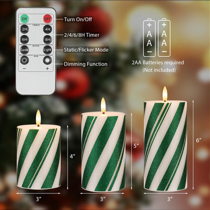 AFINETH Candy Cane Stripe Flameless Candles with Remote, Green Battery Operated Pillar Candles Real Wax, Flat Top Flickering Christmas LED Candle Decorations for Xmas, Home, Party Decor, Set of 3