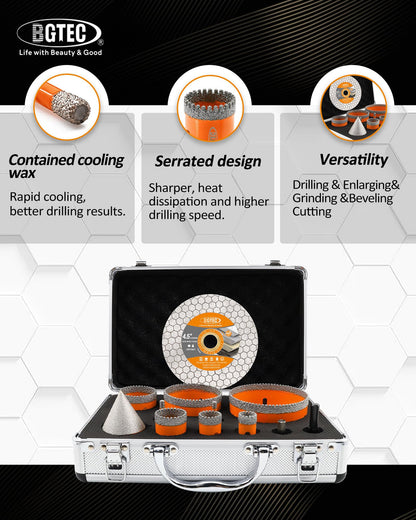 BGTEC Diamond Hole Saw Kit - 11PCS 6/6/20/25/35/50/75/100mm Drill Bits & 50mm Chamfering Bit & SDS/HEX & 115mm Tile Blade for Porcelain Tile Ceramic Granite Marble Stoneware
