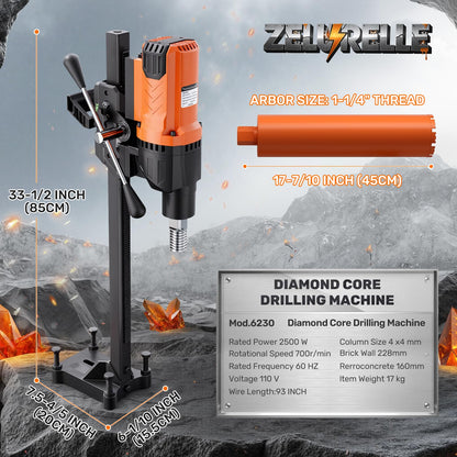 Zelurelle 8" Diamond Core Drill Machine with Stand, 2500W Wet & Dry Concrete Core Drilling Rig, 750RPM Heavy Duty Core Drill Press for Concrete Brick Stone Masonry, Max Depth 23.6"