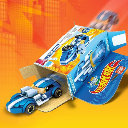 MEGA Construx Hot Wheels Race Car Building Toys Set Twin Mill with 111 Pieces 1 Micro Action Figure Driver Blue Kids Ages 5+ Years