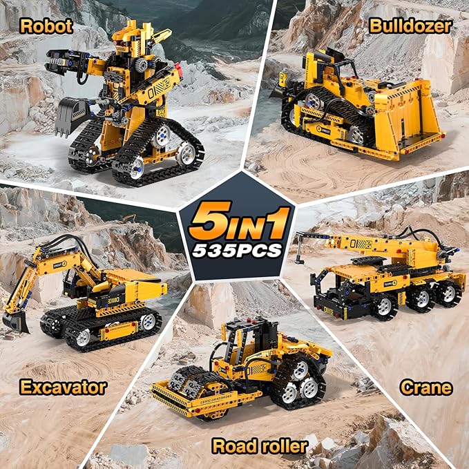 5 in 1 Building Toys STEM Robotics Kit for Kids 6-14 Remote &amp APP Controlled STEM Excavator/Truck/Robot/Bulldozer/Roller 535 PCS Blocks RC Robot Erector Sets Birthday Gift for 8 10 11 12+ Years