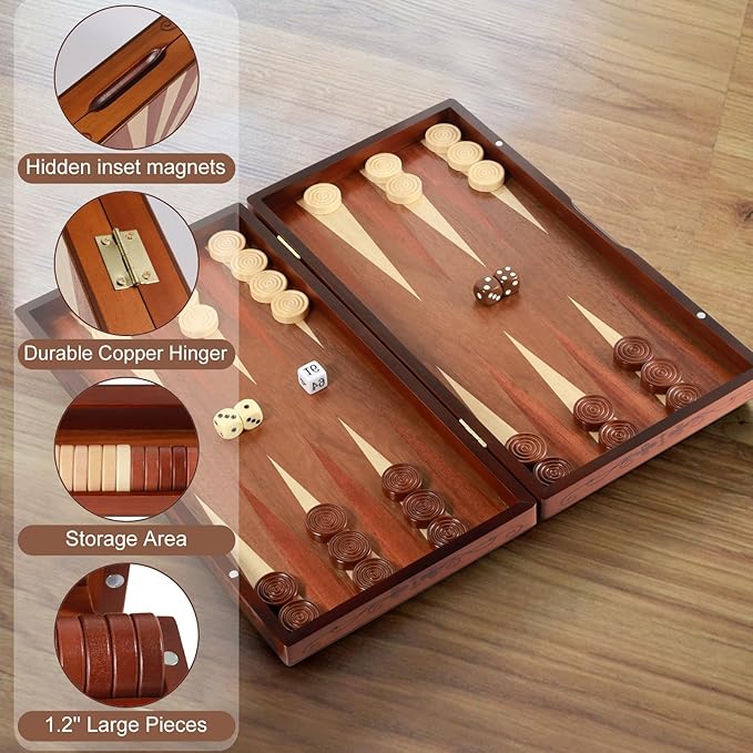 Handcrafted Wooden Backgammon Set - 16 Large Board Game with Oversized Pieces - Classic 2-Player Strategy Game Perfect for Adults &amp Kids