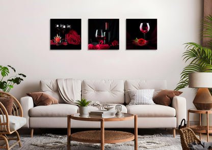 OWNANRTHM Rose Wine Picture Red Wine Rose and Candle Picture Painting Wall Art Red Wine Glass Canvas Wall Art for Living Room Bedroom Home Wall Decor Stretched and Framed 12" x 12" x 3 Pieces