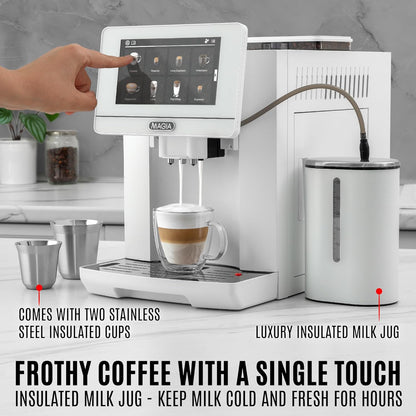 Zulay Magia Espresso Machine With Grinder - 19 Customizable Coffee Options | Includes Insulated Milk Container & Deluxe Cups - Auto-Cleaning - OG White