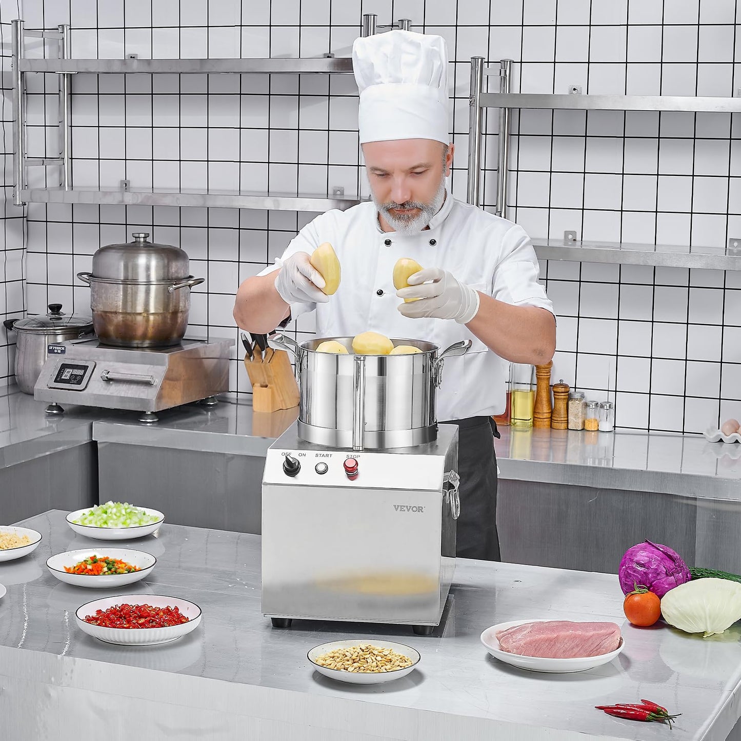 VEVOR Food Processor & Vegetable Chopper, 6.3 Quart Food-Grade Kitchen Chopper, Includes 2 Spare Stainless Steel S-Curve Blades, Commercial Food Processor for Chopping Vegetable, Fruit, Peanut & Meat