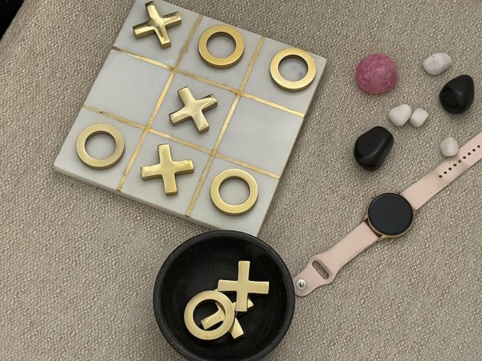 Marble Tic Tac Toe Game 8x8 Premium Handcrafted Natural Marble Board Game Modern Coffee Table and Home Decor Perfect for Living Room Unique Gift Decorative Board Game Set White and Gold XO