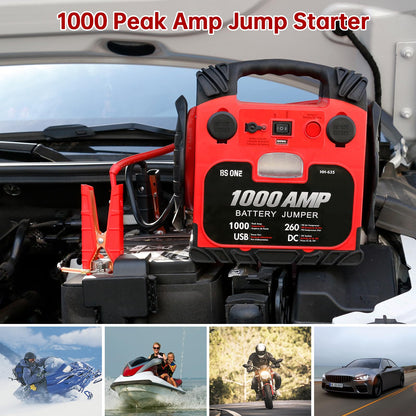 BS ONE 1000 Amp Peak Current Car Jump Stater, 12V Lead Acid Battey Jump Box with 260PSI Air Compressor, Jump Starter Battery Pack with Led Light & USB Output