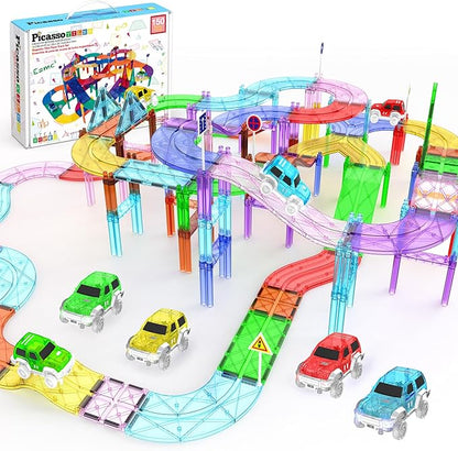 PicassoTiles 150 Piece Race Car Track Building Block Educational Toy Set Magnet Tile Magnetic Blocks Playset 4 Cars Early STEM Learning Construction Kit Hand-Eye Fine Motor Skill Brain Training PTR150