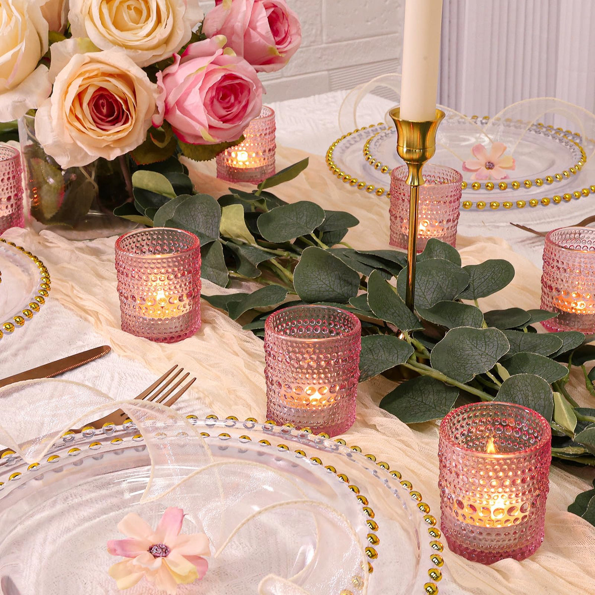 SUPMIND 24 Pcs Votive Candle Holders, Glass Holders Bulk for Table Centerpiece, Tea Lights Candle Holders for Wedding Shower, Party and Home Decor Pink