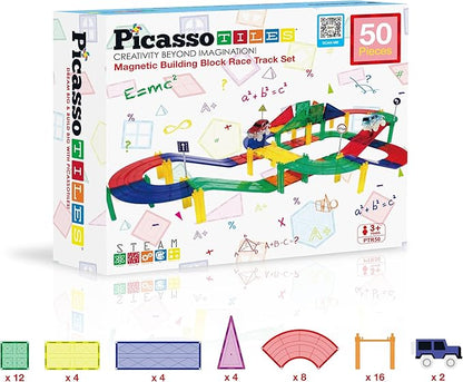 PicassoTiles 50pc Racecar Track Magnetic Tiles Educational Kids Toy with 2 Light Up Trucks STEM Preschool Learning Magnet Tile Toddler Toys Boys Girls Ages 3+ Blocks Game Puzzles Build Playset PTR50