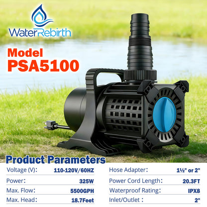 WaterRebirth PSA5100 High Flow Freshwater Pond Pump, 5500GPH 325W Submersible or External Water Pump, 18.7ft Max Lift, Ultra Quiet Waterfall Pump with 5-Position Adjustable Outlet