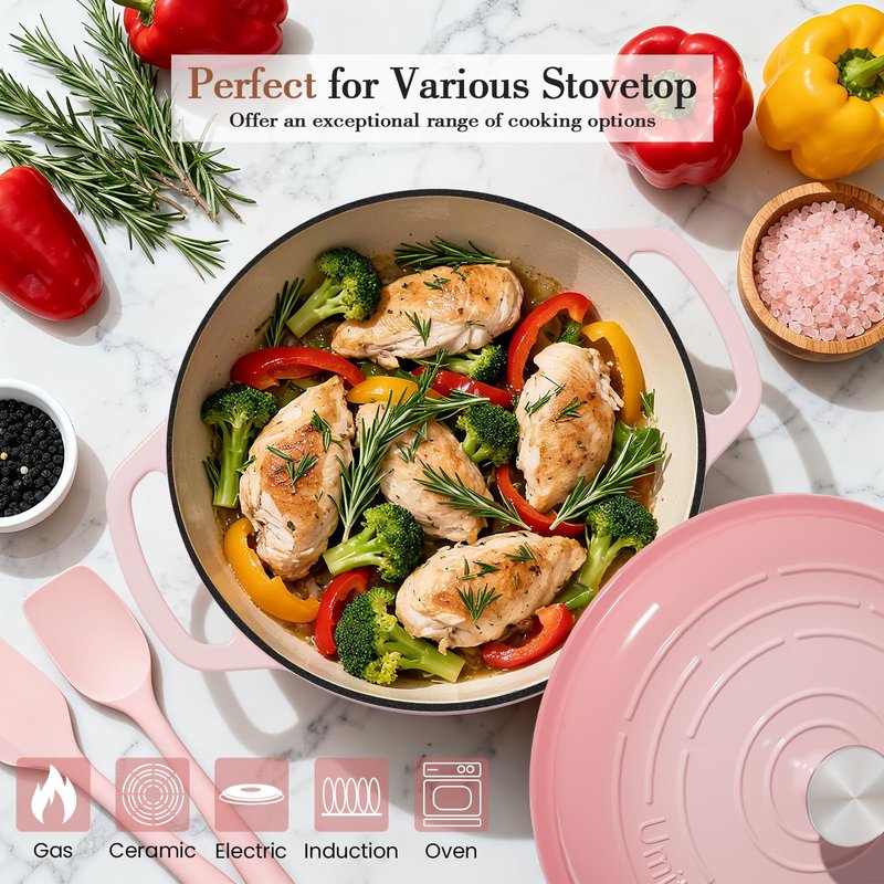 Umite Chef 6QT Enameled Cast Iron Dutch Oven with Lid, Versatile Heavy-Duty Cookware Pot for Baking Bread, Braising, Soups & Stews, Oven & Stovetop Safe with Heat Resistant Gloves(Pink)