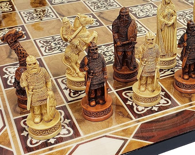 Antique Ivory &amp Brown Norse Viking Chess Set with 17 Burlwood Color Board