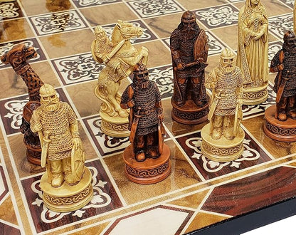 Antique Ivory &amp Brown Norse Viking Chess Set with 17 Burlwood Color Board