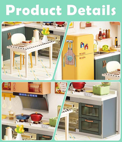 DIY Miniature Kitchen Dollhouse Kit with LED Light Dust-Proof Door &amp Roof - Cozy Home Cooking Room Creative Building Set for Adults &amp Teens - Immersive Craft Kit for Handmade Decor &amp Gift