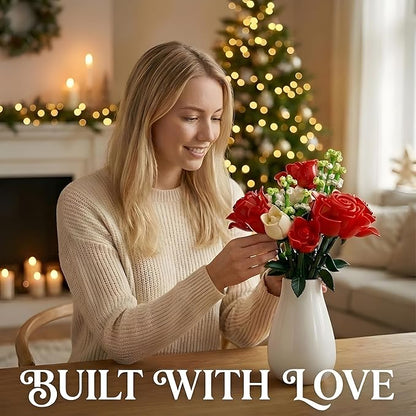 WISEPLAY Rose Bouquet Flower Building Set – 697 PCS for Women DIY Red &amp White Rose Flower Building Blocks Creative for Adults &amp Teens
