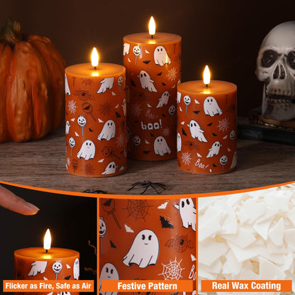 Girimax Burnt Orange Halloween Flameless Pillar Candles with Remote, Ghost LED Wax Candles Battery Operated Set of 3