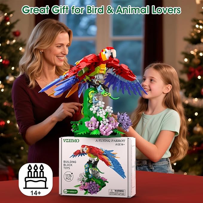 Parrot Building Sets Easter Rotating Flower Base 1176 PCS Mechanical Flapping Bird Model Creative Display Gift Christmas Birthday Ages 14+