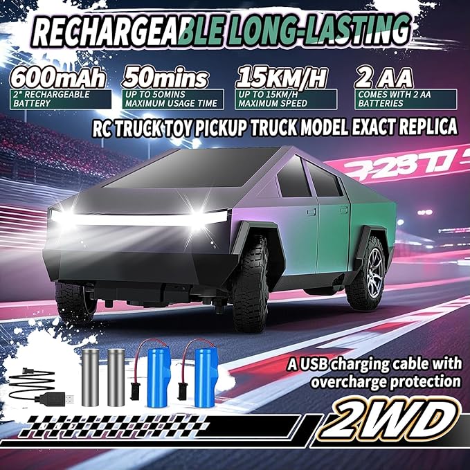 Remote Control Car All Terrain High Speed RC Pi-ckup Truck Toys with Light and Loadspace Electric Vehicle Toys for Kids and Adults Gifts for Birthday (Green Purple Color Change)