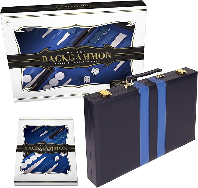 Premium Backgammon 15 Inches Medium Blue - Backgammon Sets for Adults and Kids - Leatherette Back Gammon Board Game Set - Travel Backgammon Set Board Encased with Accessories
